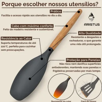 Kit 12 Utensílios De Silicone Com Cabo De Madeira
